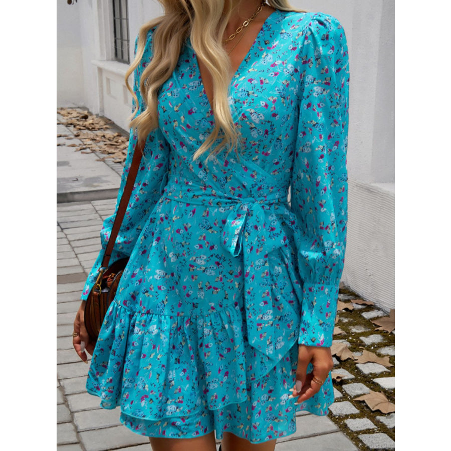 Ruffled Printed Surplice Long Sleeve Mini Dress Apparel and Accessories