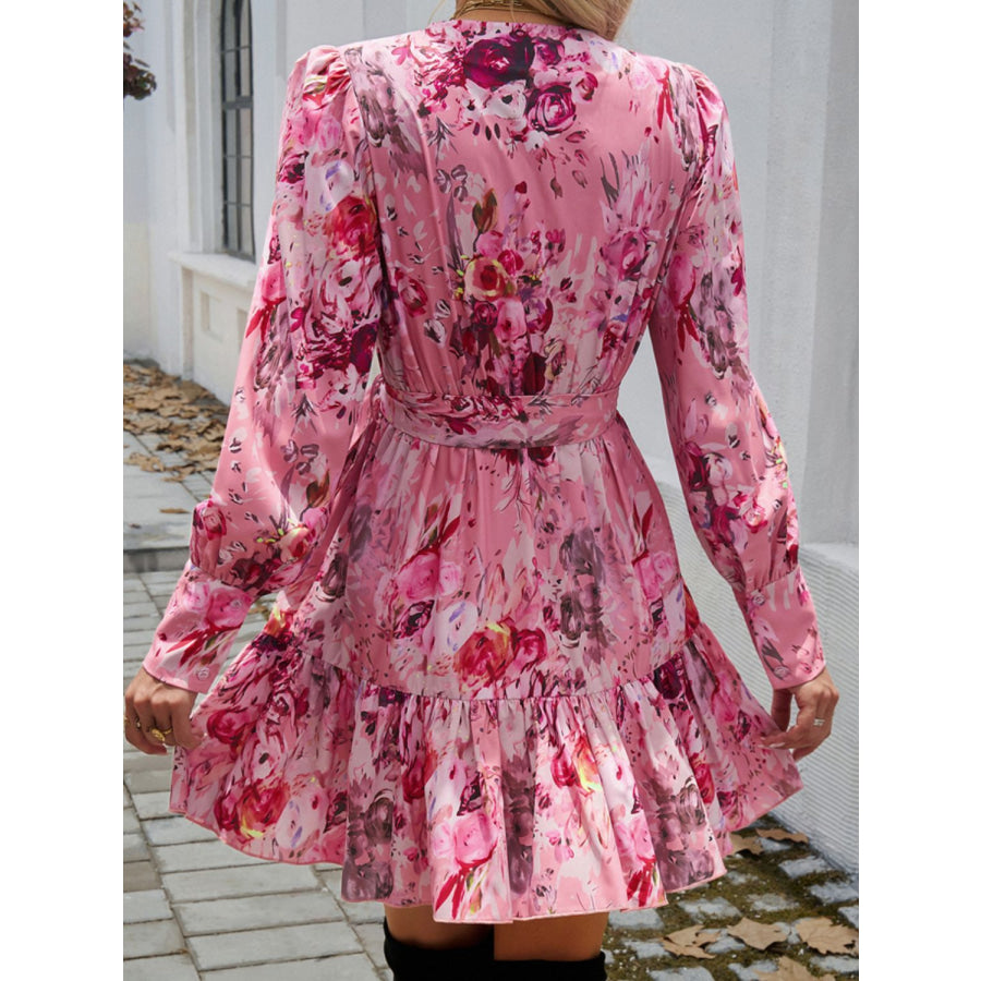 Ruffled Printed Surplice Long Sleeve Mini Dress Apparel and Accessories