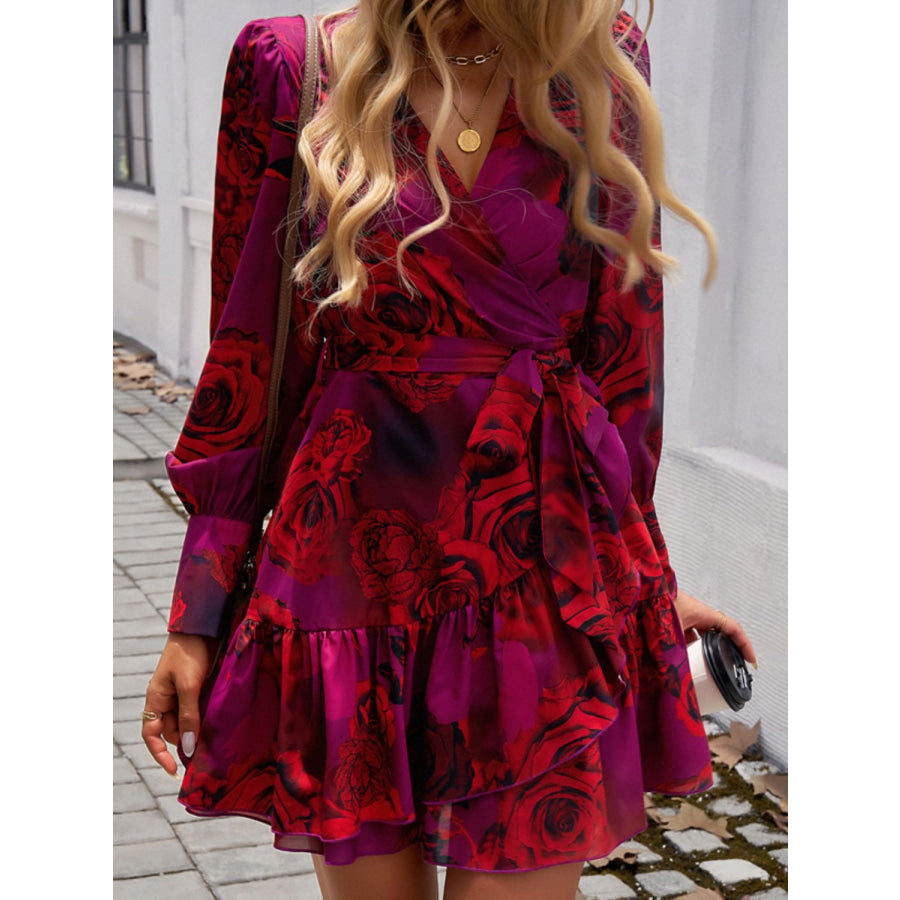 Ruffled Printed Surplice Long Sleeve Mini Dress Apparel and Accessories