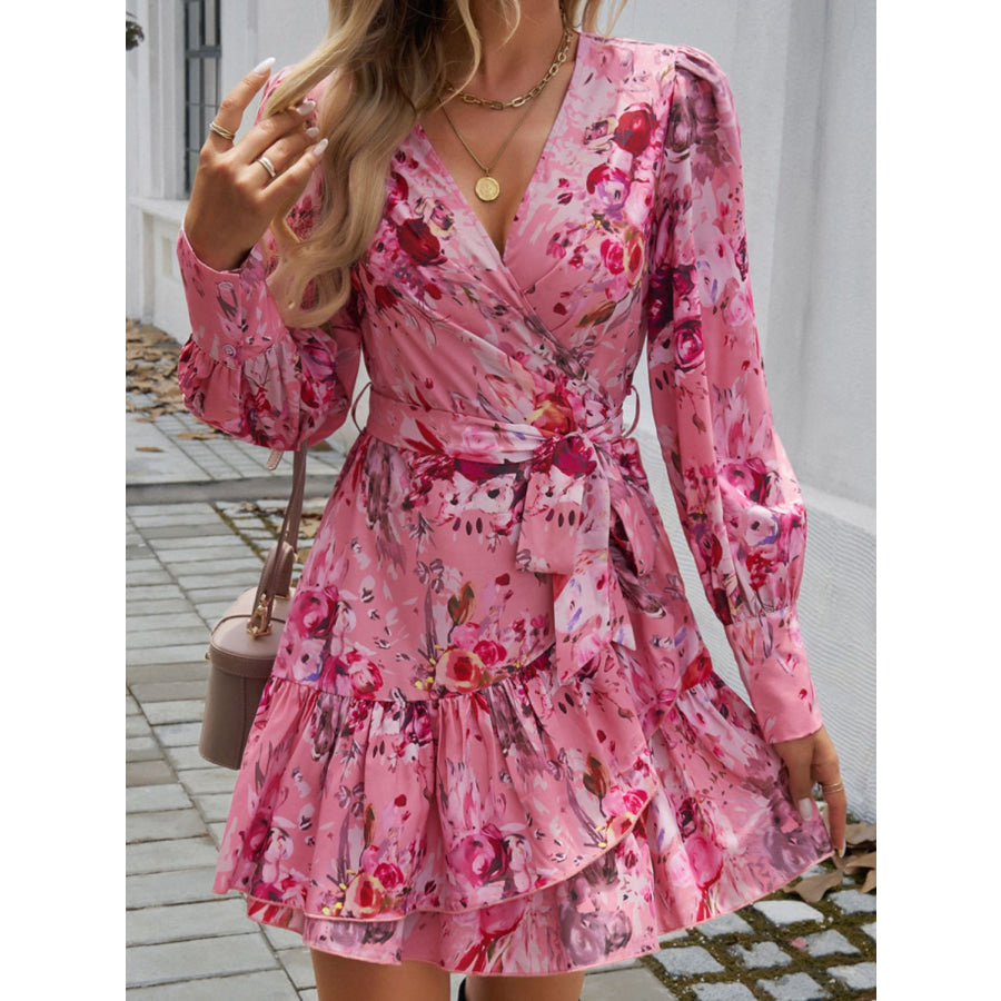 Ruffled Printed Surplice Long Sleeve Mini Dress Apparel and Accessories