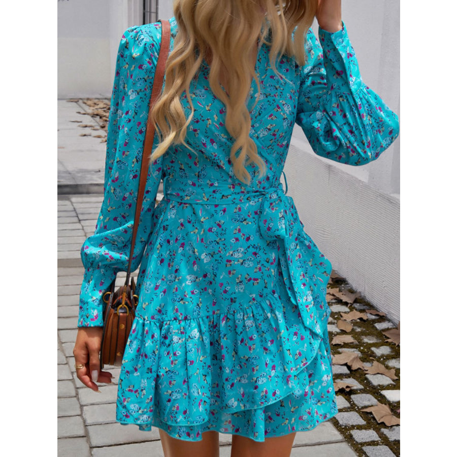 Ruffled Printed Surplice Long Sleeve Mini Dress Apparel and Accessories