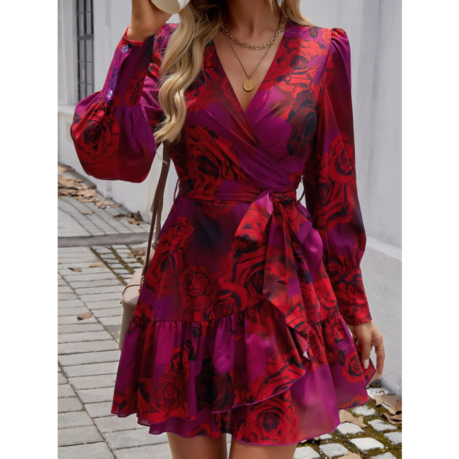 Ruffled Printed Surplice Long Sleeve Mini Dress Scarlet / S Apparel and Accessories