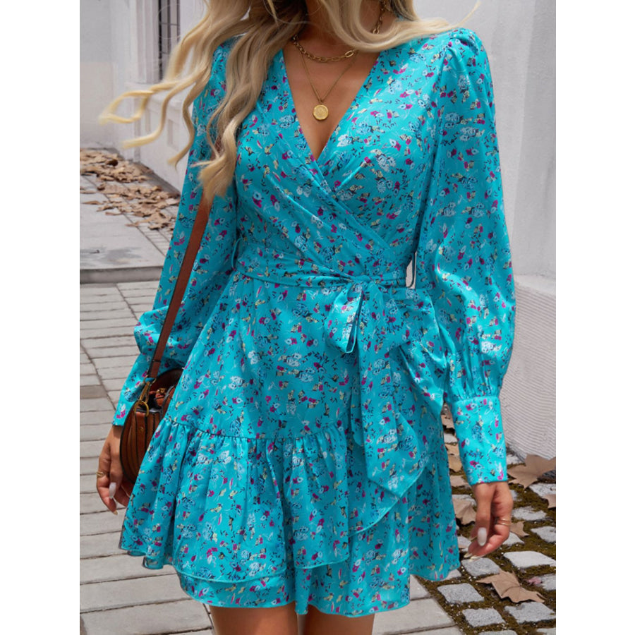 Ruffled Printed Surplice Long Sleeve Mini Dress Sky Blue / S Apparel and Accessories