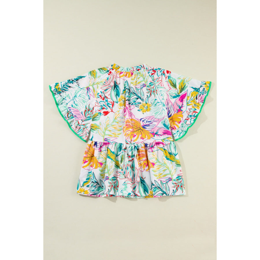 Ruffled Printed Tie Neck Blouse Floral / S Apparel and Accessories