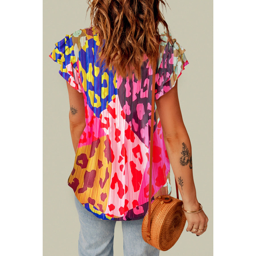 Ruffled Printed Tie Neck Cap Sleeve Blouse Apparel and Accessories