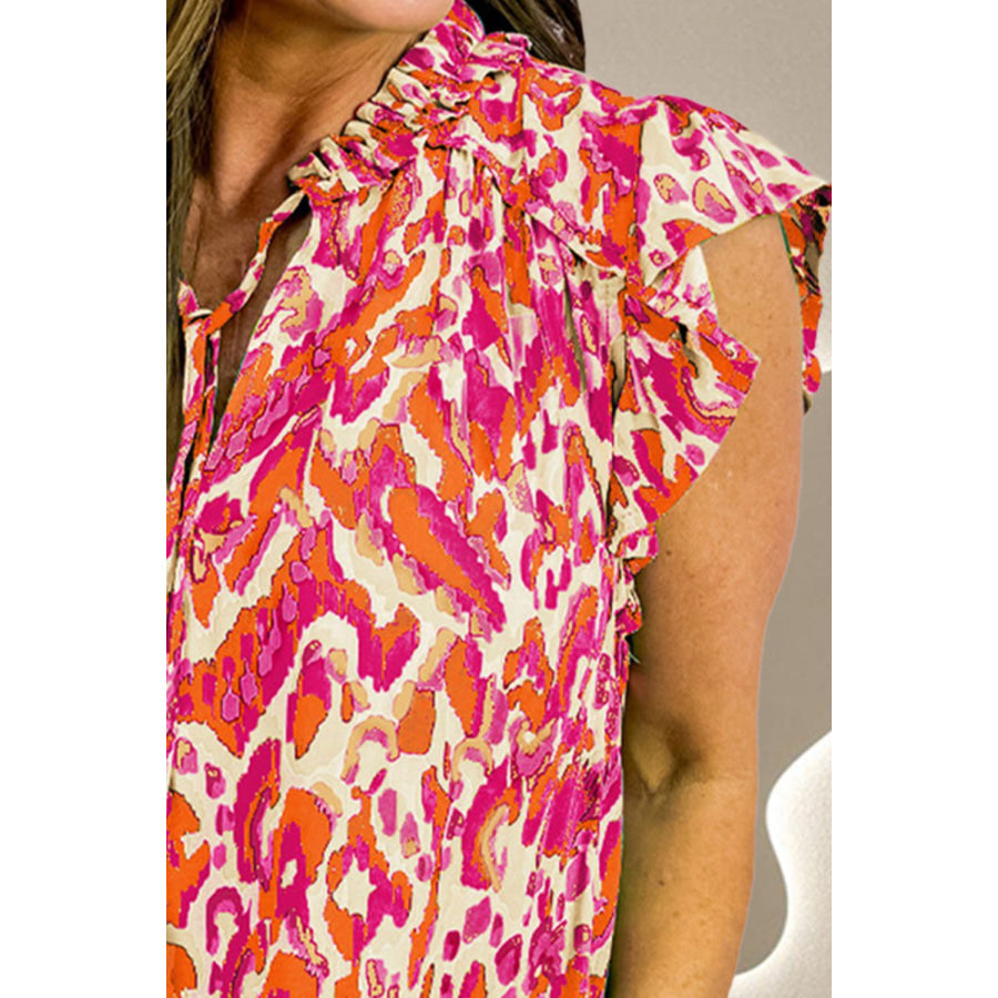 Ruffled Printed Tie Neck Cap Sleeve Blouse Apparel and Accessories