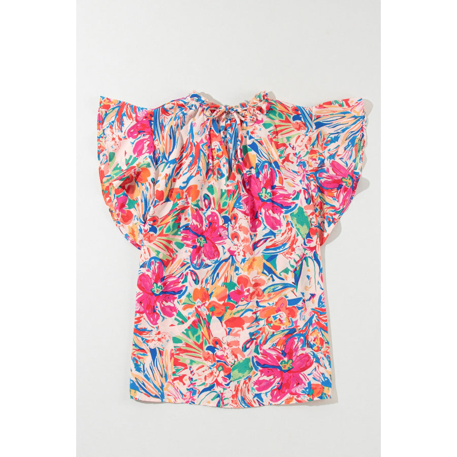 Ruffled Printed Tie Neck Cap Sleeve Blouse Floral / S Apparel and Accessories