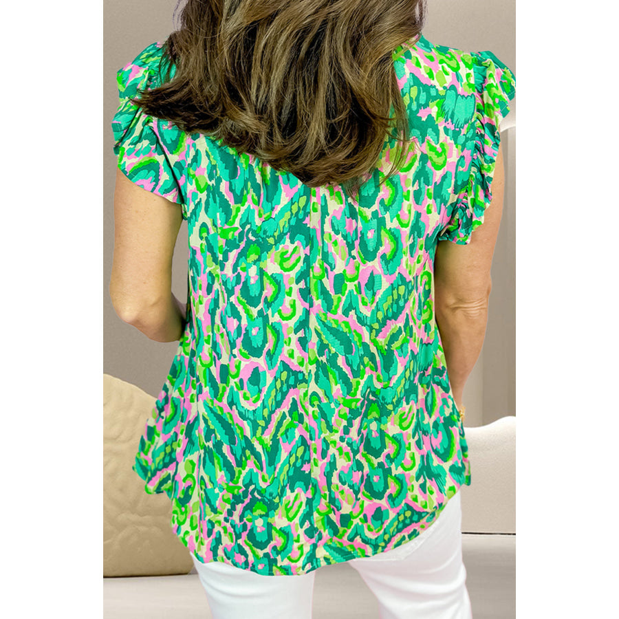 Ruffled Printed Tie Neck Cap Sleeve Blouse Apparel and Accessories