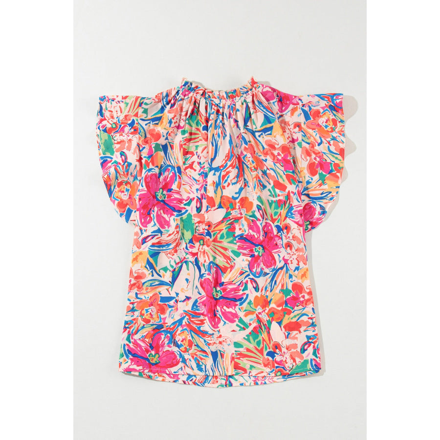 Ruffled Printed Tie Neck Cap Sleeve Blouse Apparel and Accessories