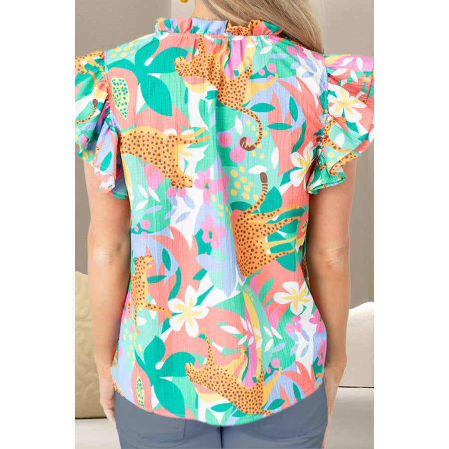 Ruffled Printed Tie Neck Cap Sleeve Blouse Apparel and Accessories