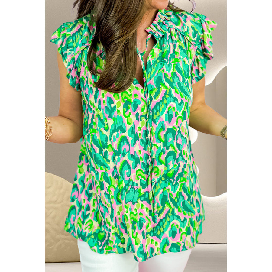 Ruffled Printed Tie Neck Cap Sleeve Blouse Apparel and Accessories