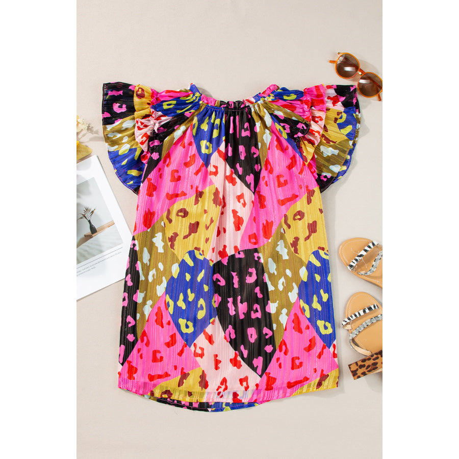 Ruffled Printed Tie Neck Cap Sleeve Blouse Apparel and Accessories