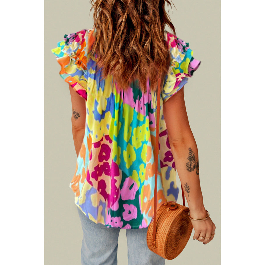 Ruffled Printed Tie Neck Cap Sleeve Blouse Apparel and Accessories