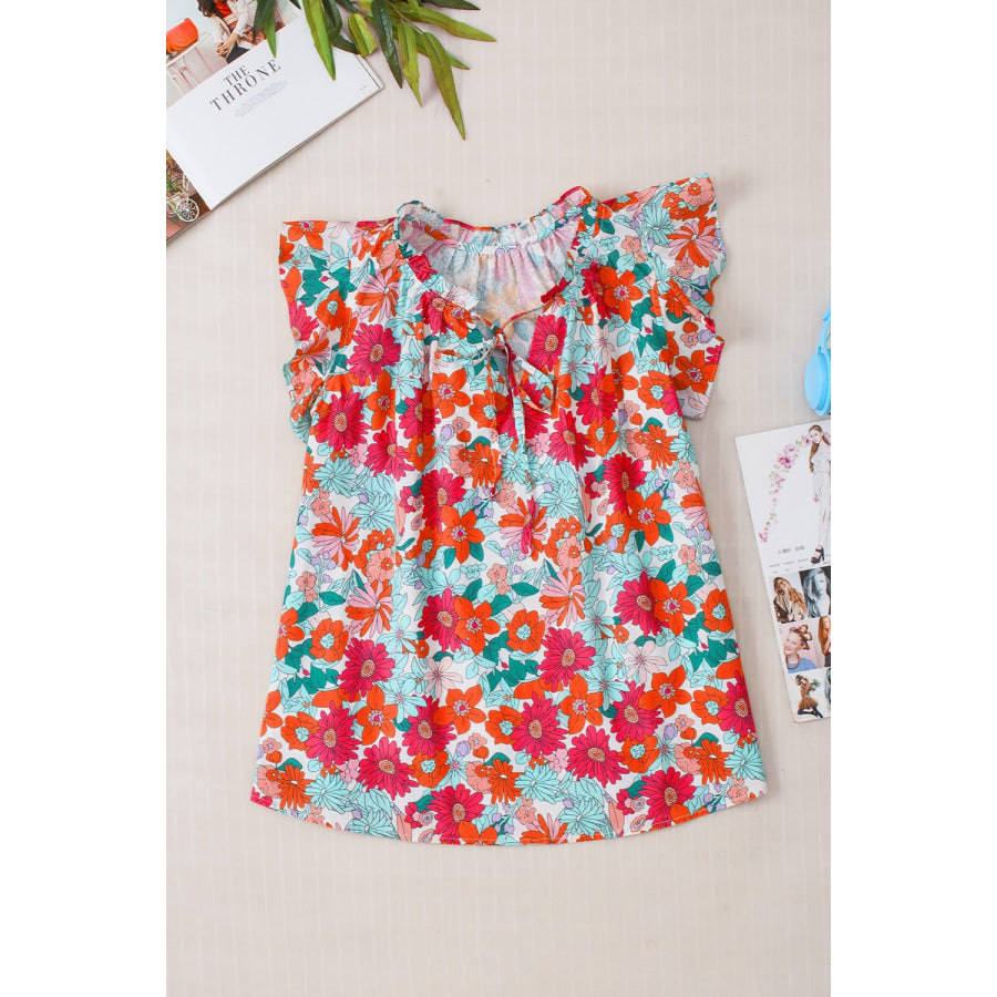 Ruffled Printed Tie Neck Cap Sleeve Blouse Floral / S Apparel and Accessories