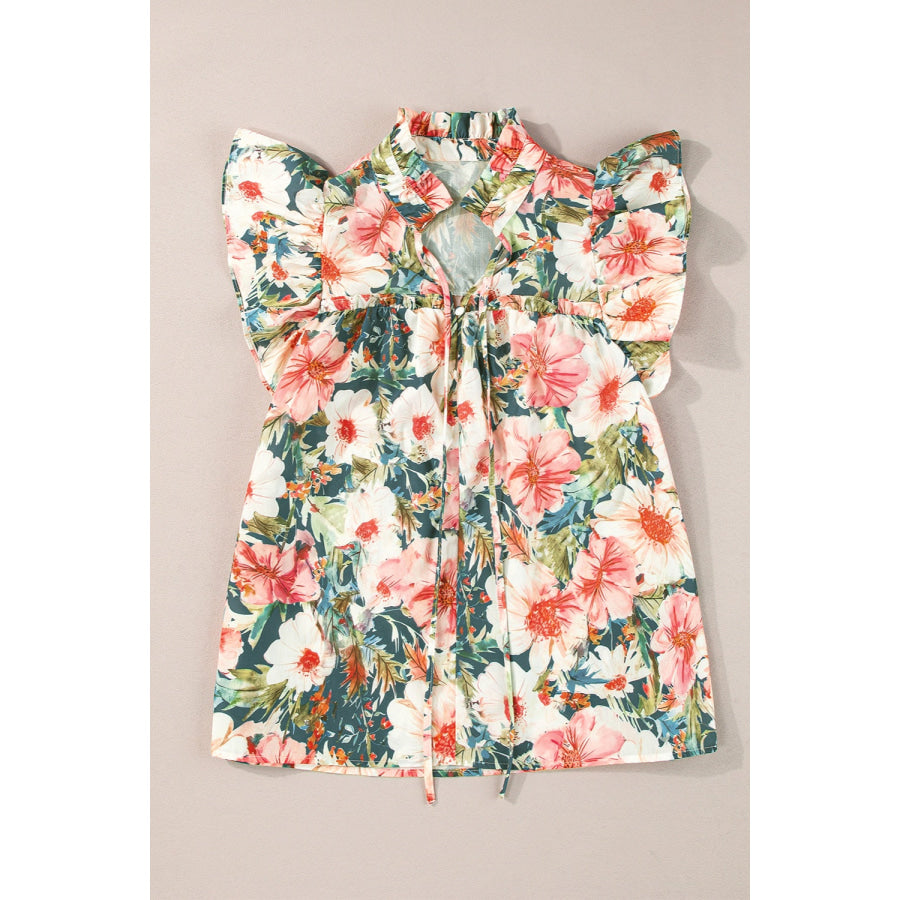 Ruffled Printed Tie Neck Cap Sleeve Blouse Floral / S Apparel and Accessories