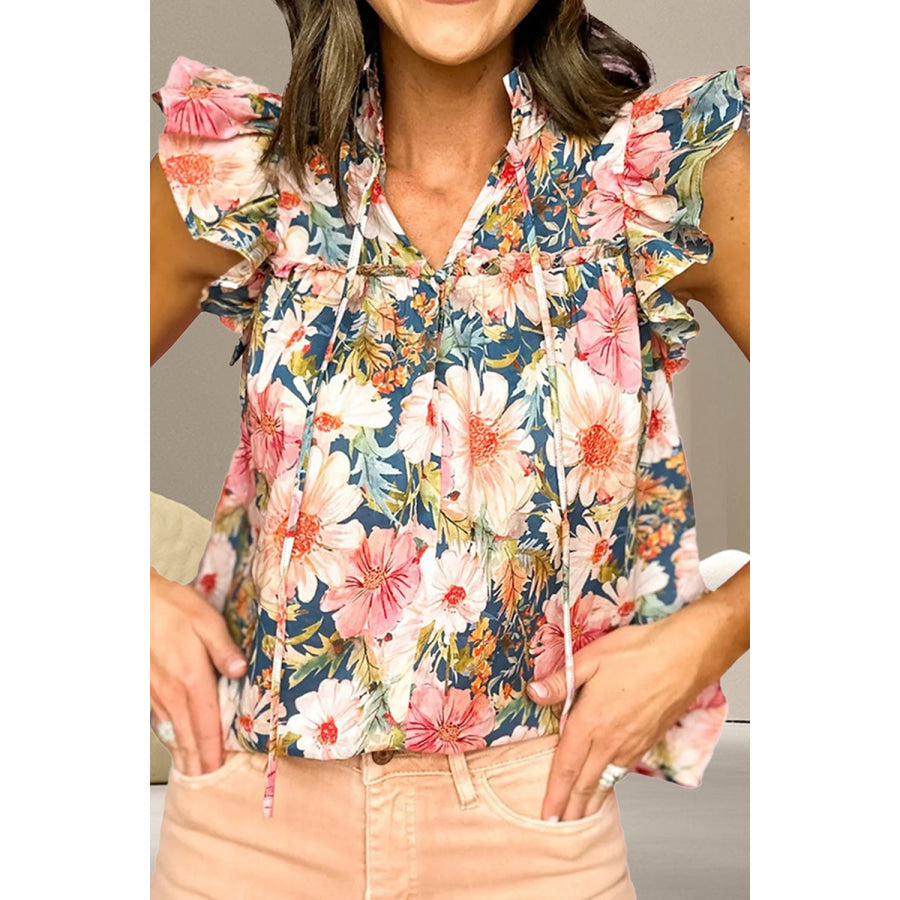 Ruffled Printed Tie Neck Cap Sleeve Blouse Floral / S Apparel and Accessories