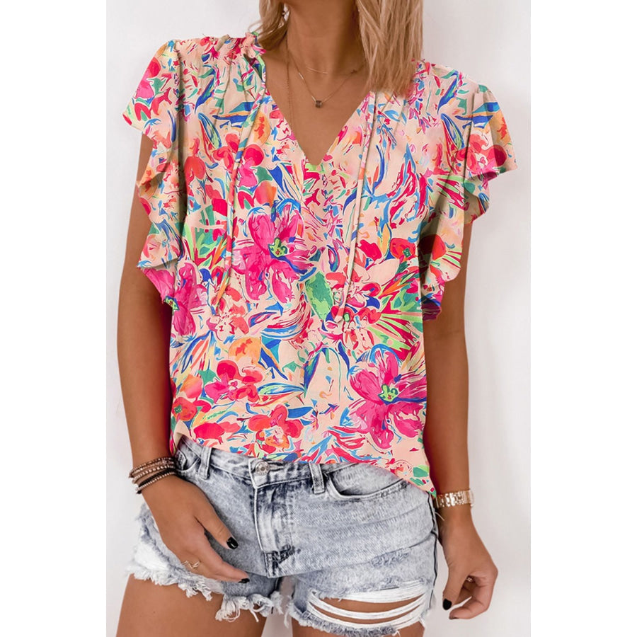 Ruffled Printed Tie Neck Cap Sleeve Blouse Floral / S Apparel and Accessories