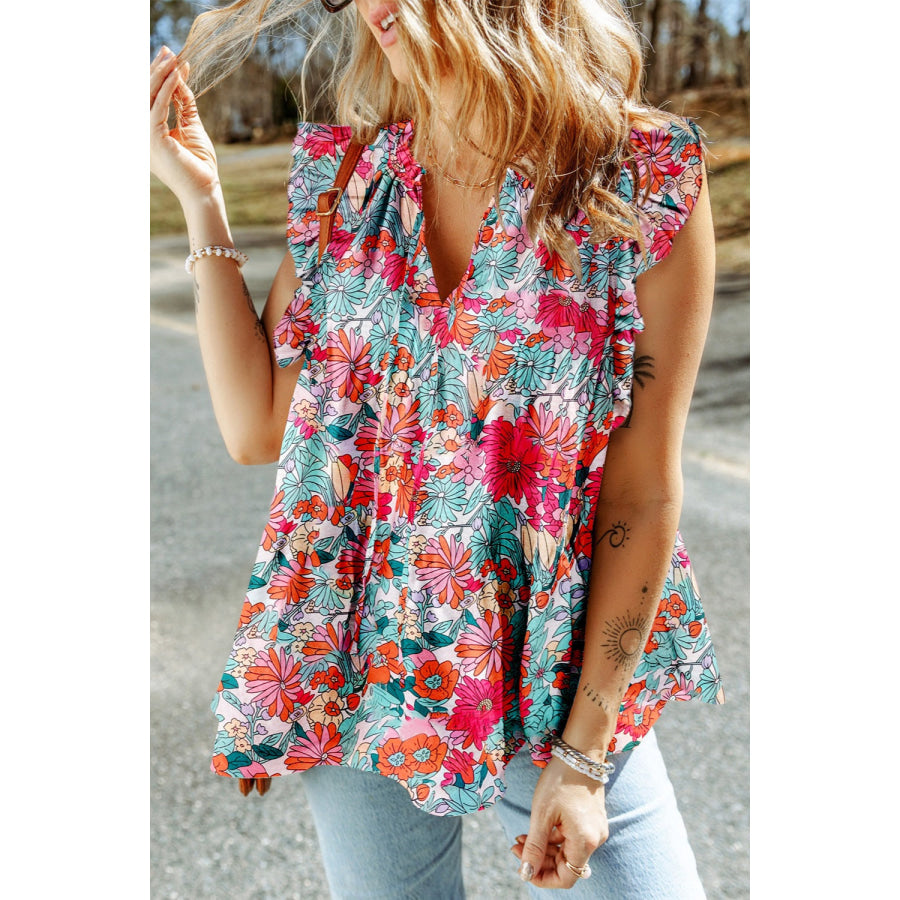 Ruffled Printed Tie Neck Cap Sleeve Blouse Floral / S Apparel and Accessories