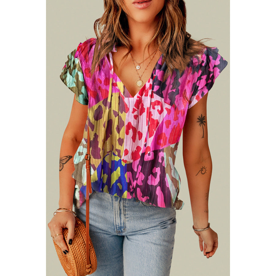 Ruffled Printed Tie Neck Cap Sleeve Blouse Hot Pink / S Apparel and Accessories