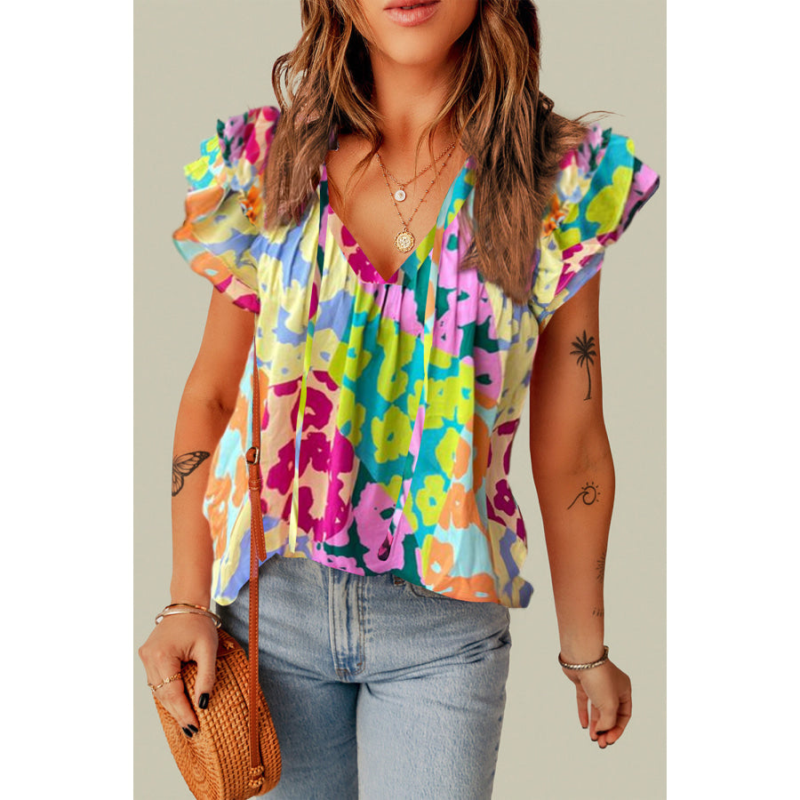 Ruffled Printed Tie Neck Cap Sleeve Blouse Mint Green / S Apparel and Accessories