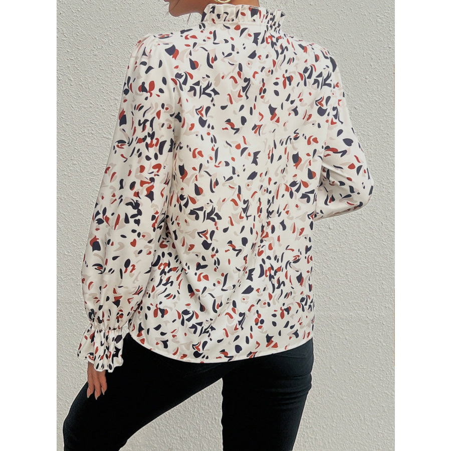 Ruffled Printed Tie Neck Long Sleeve Blouse Dust Storm / S Apparel and Accessories