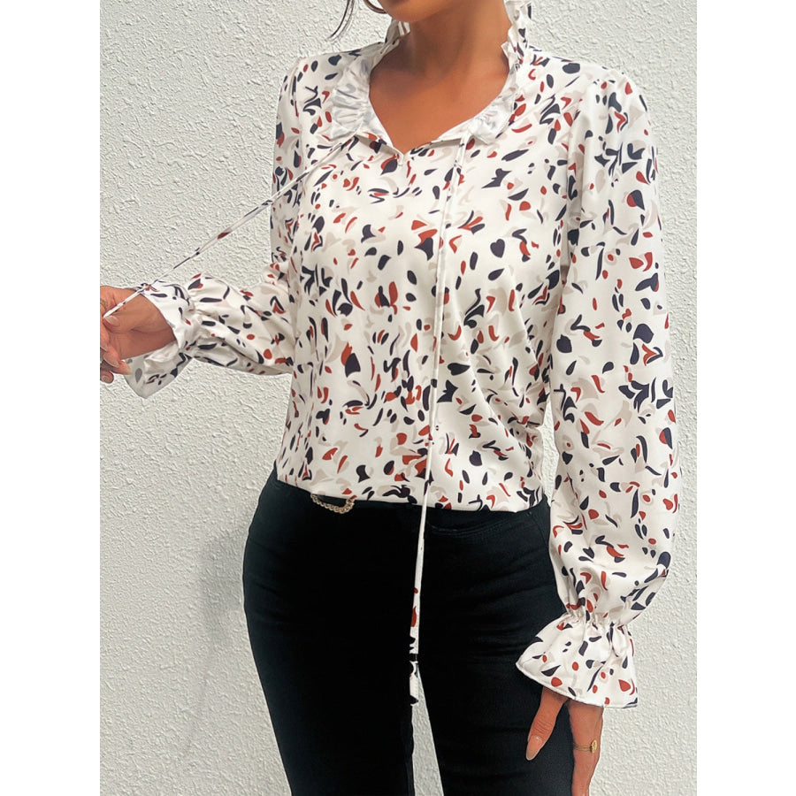 Ruffled Printed Tie Neck Long Sleeve Blouse Apparel and Accessories