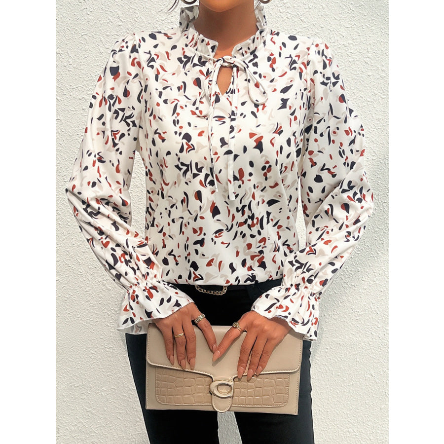 Ruffled Printed Tie Neck Long Sleeve Blouse Apparel and Accessories