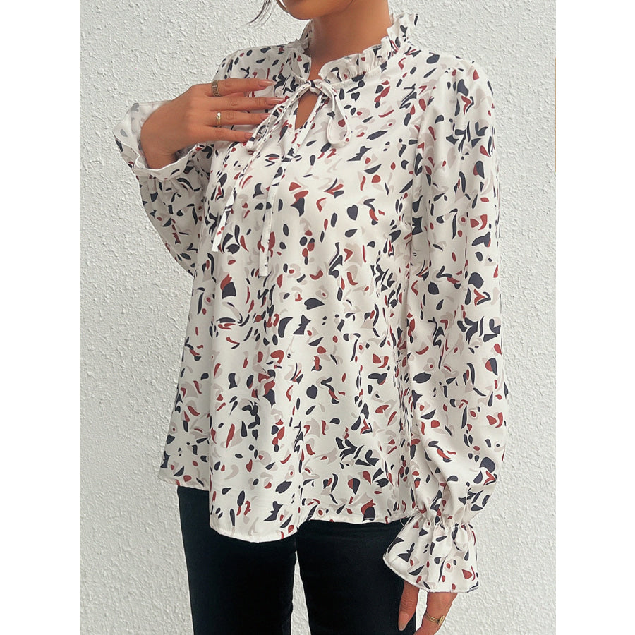 Ruffled Printed Tie Neck Long Sleeve Blouse Apparel and Accessories