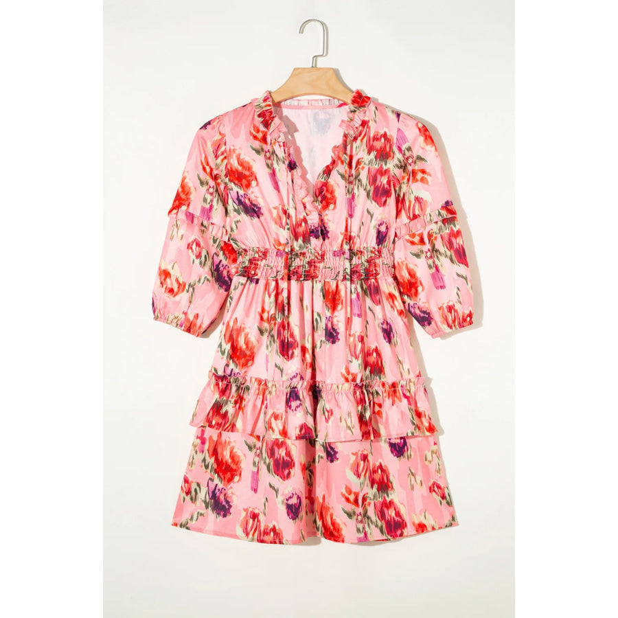 Ruffled Printed Tie Neck Mini Dress Apparel and Accessories