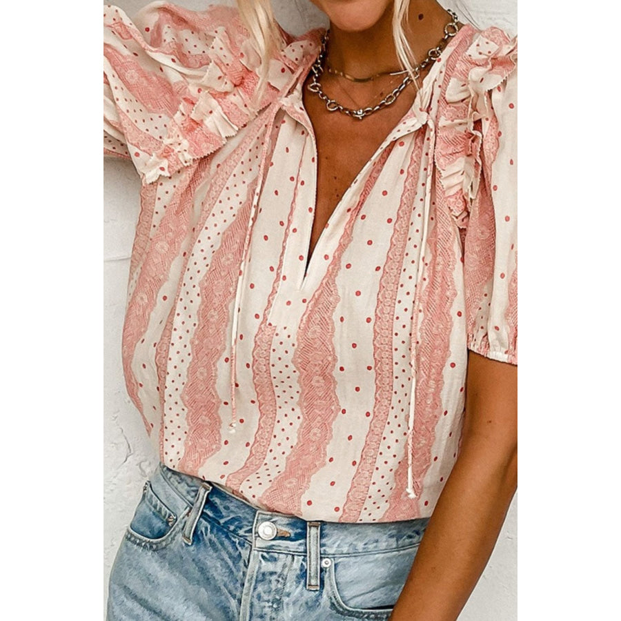 Ruffled Printed Tie Neck Short Sleeve Blouse Apparel and Accessories