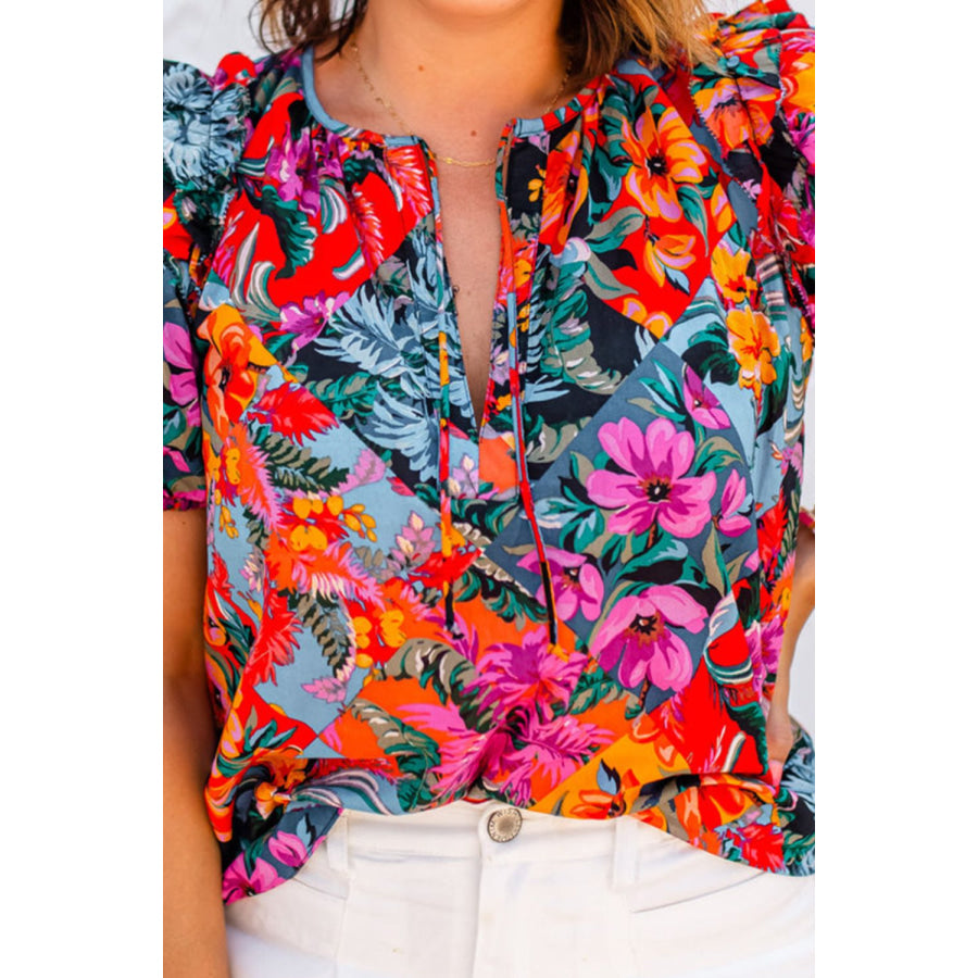 Ruffled Printed Tie Neck Short Sleeve Blouse Apparel and Accessories