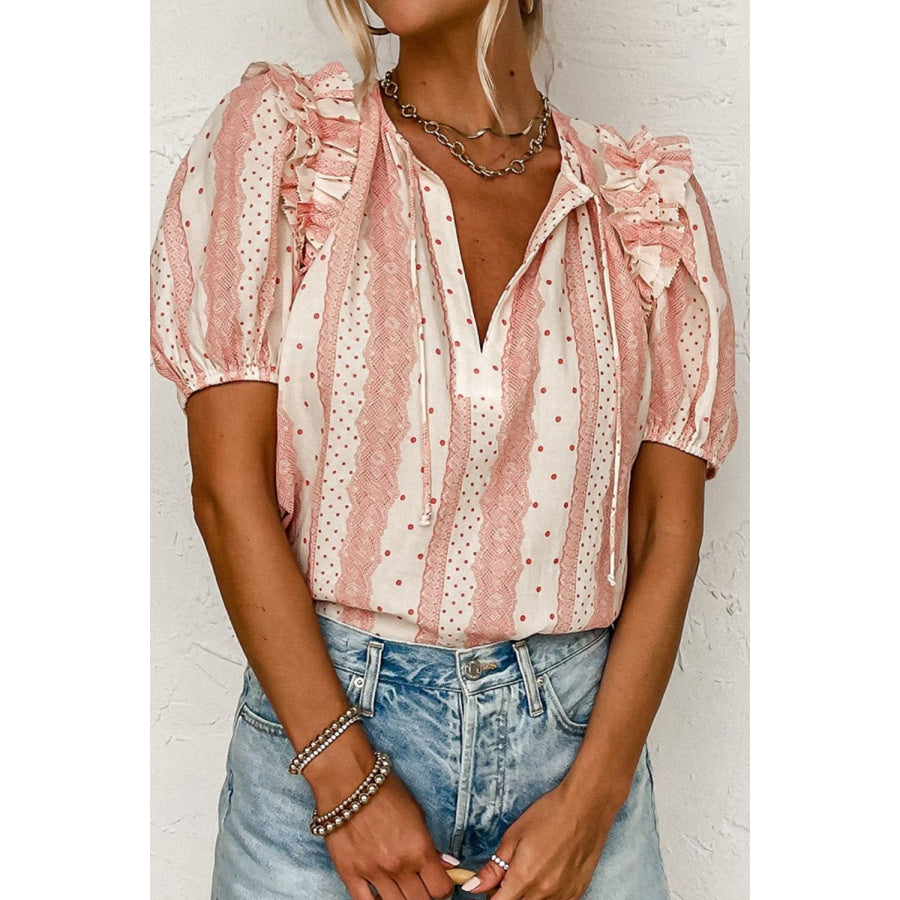 Ruffled Printed Tie Neck Short Sleeve Blouse Apparel and Accessories