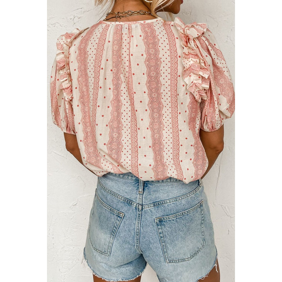 Ruffled Printed Tie Neck Short Sleeve Blouse Apparel and Accessories