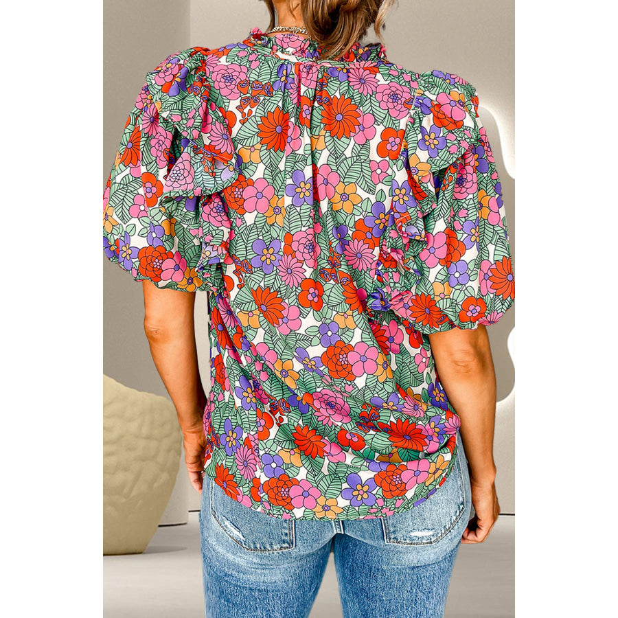 Ruffled Printed Tie Neck Short Sleeve Blouse Apparel and Accessories