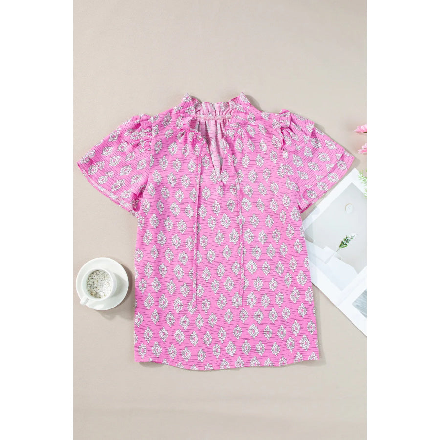 Ruffled Printed Tie Neck Short Sleeve Blouse Apparel and Accessories