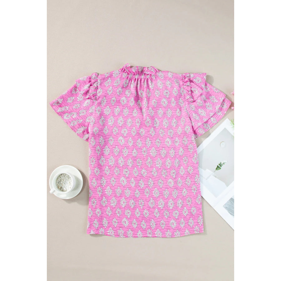 Ruffled Printed Tie Neck Short Sleeve Blouse Apparel and Accessories