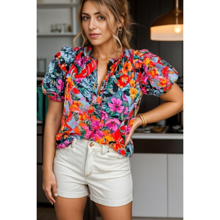 Ruffled Printed Tie Neck Short Sleeve Blouse Floral / S Apparel and Accessories