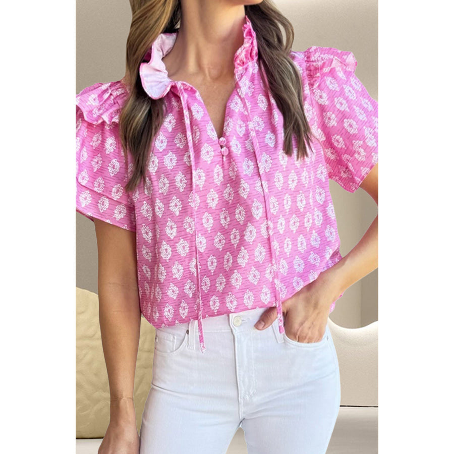 Ruffled Printed Tie Neck Short Sleeve Blouse Fuchsia Pink / S Apparel and Accessories