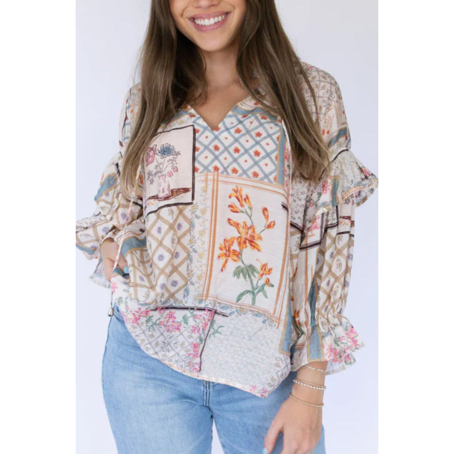 Ruffled Printed Tie Neck Three-Quarter Sleeve Blouse Apparel and Accessories