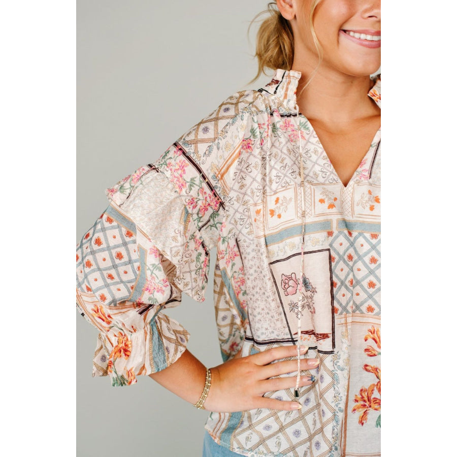 Ruffled Printed Tie Neck Three-Quarter Sleeve Blouse Apparel and Accessories