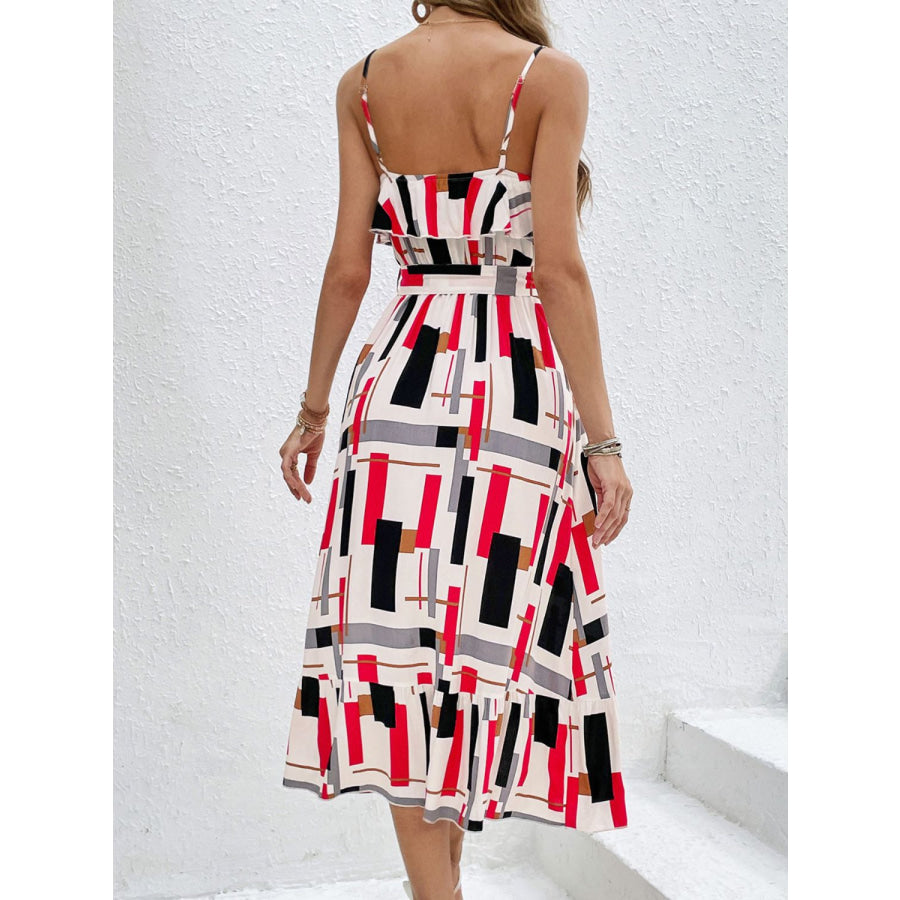 Ruffled Printed Tie Waist Midi Dress Multicolor / S Apparel and Accessories