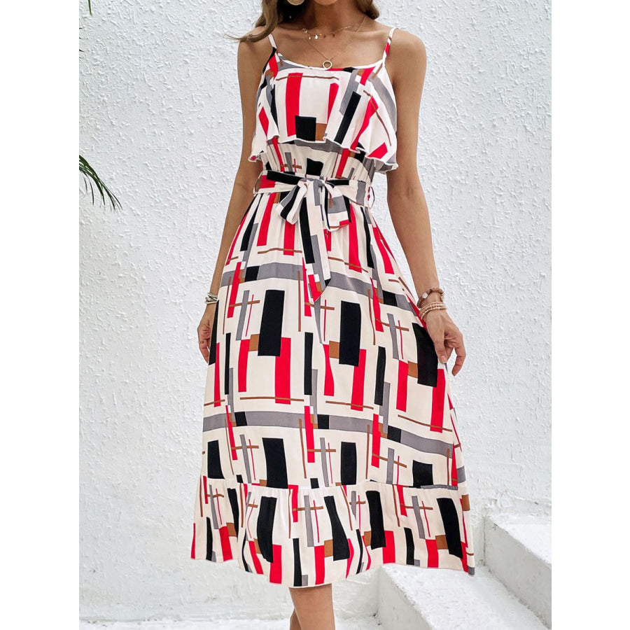 Ruffled Printed Tie Waist Midi Dress Multicolor / S Apparel and Accessories