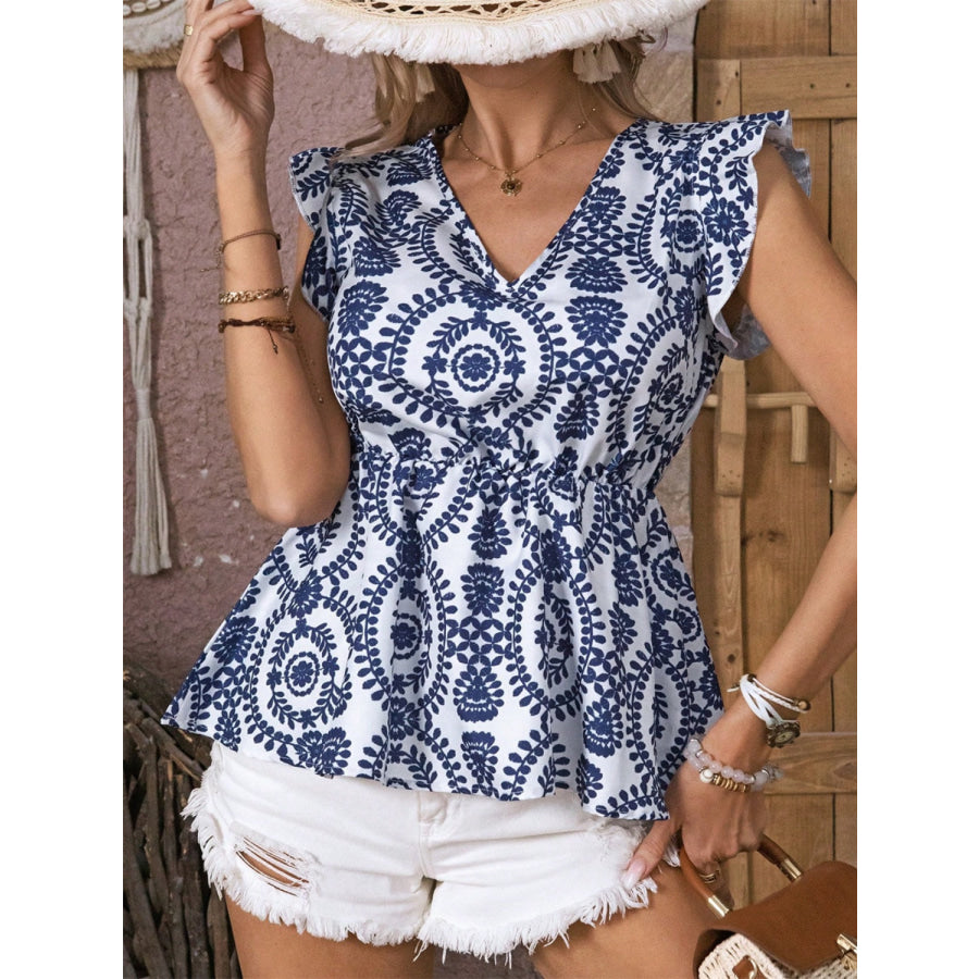 Ruffled Printed V-Neck Cap Sleeve Blouse Apparel and Accessories