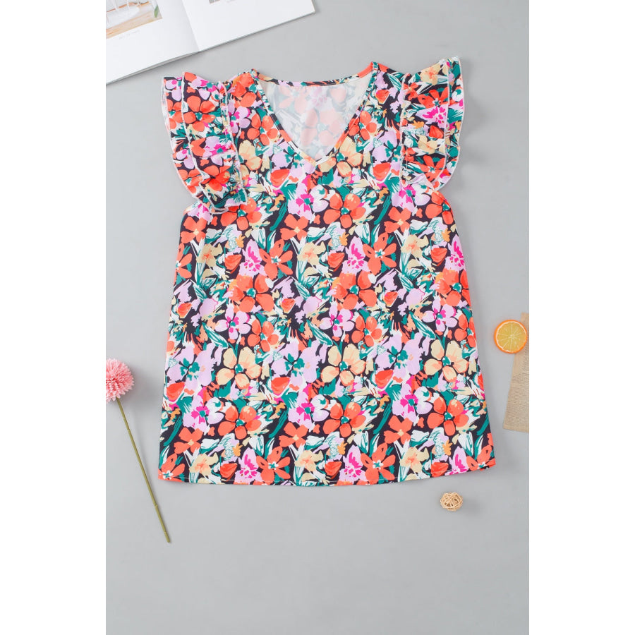 Ruffled Printed V - Neck Cap Sleeve Blouse Floral / S Apparel and Accessories