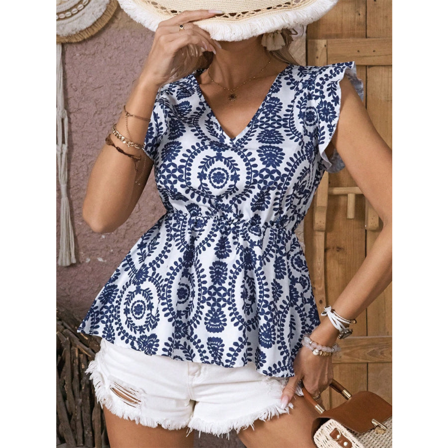 Ruffled Printed V-Neck Cap Sleeve Blouse Apparel and Accessories