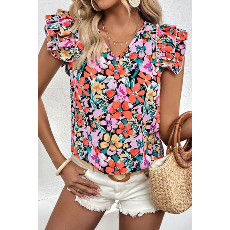 Ruffled Printed V - Neck Cap Sleeve Blouse Floral / S Apparel and Accessories