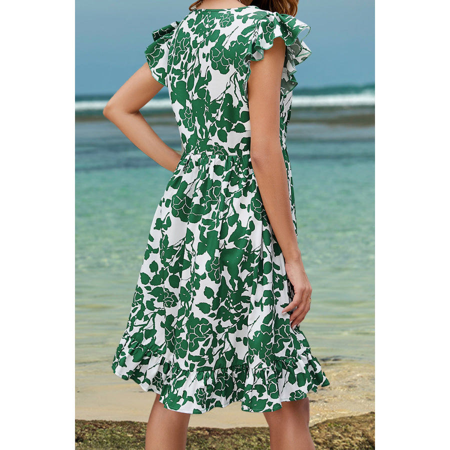 Ruffled Printed V - Neck Cap Sleeve Dress Apparel and Accessories