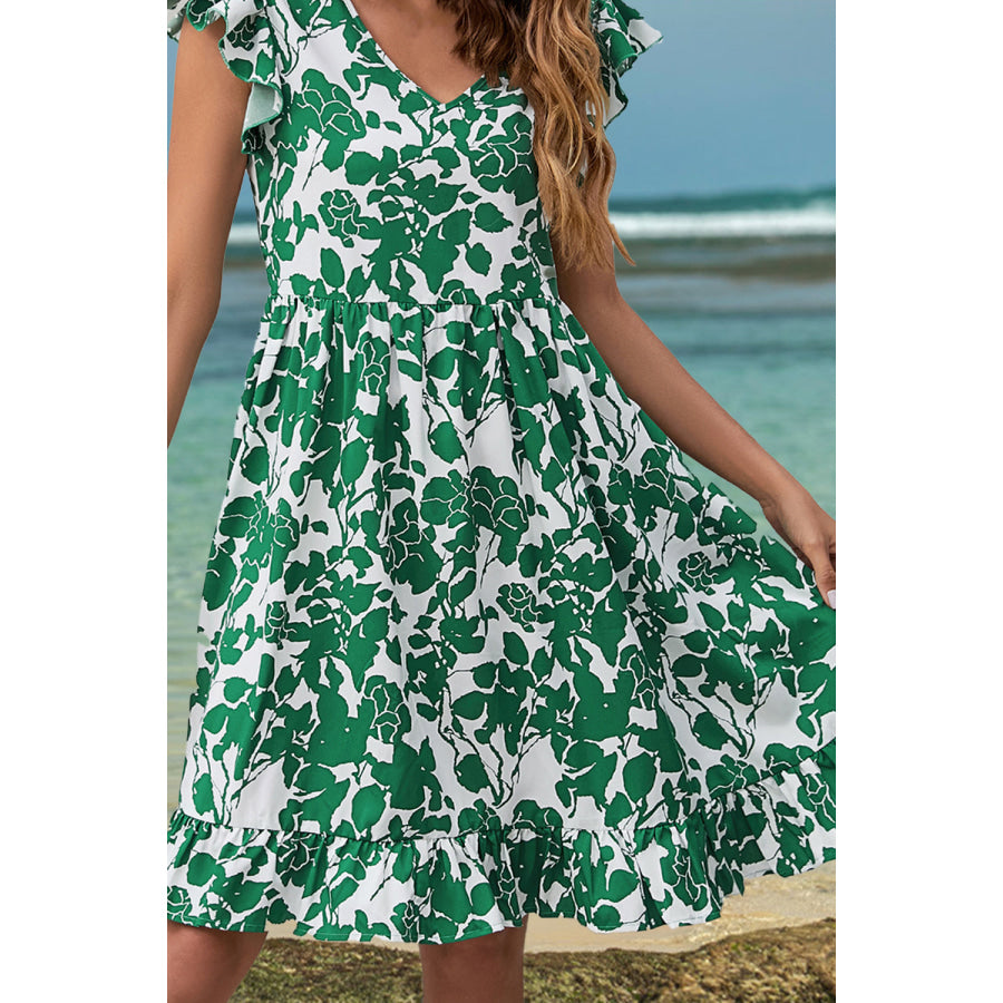 Ruffled Printed V - Neck Cap Sleeve Dress Apparel and Accessories