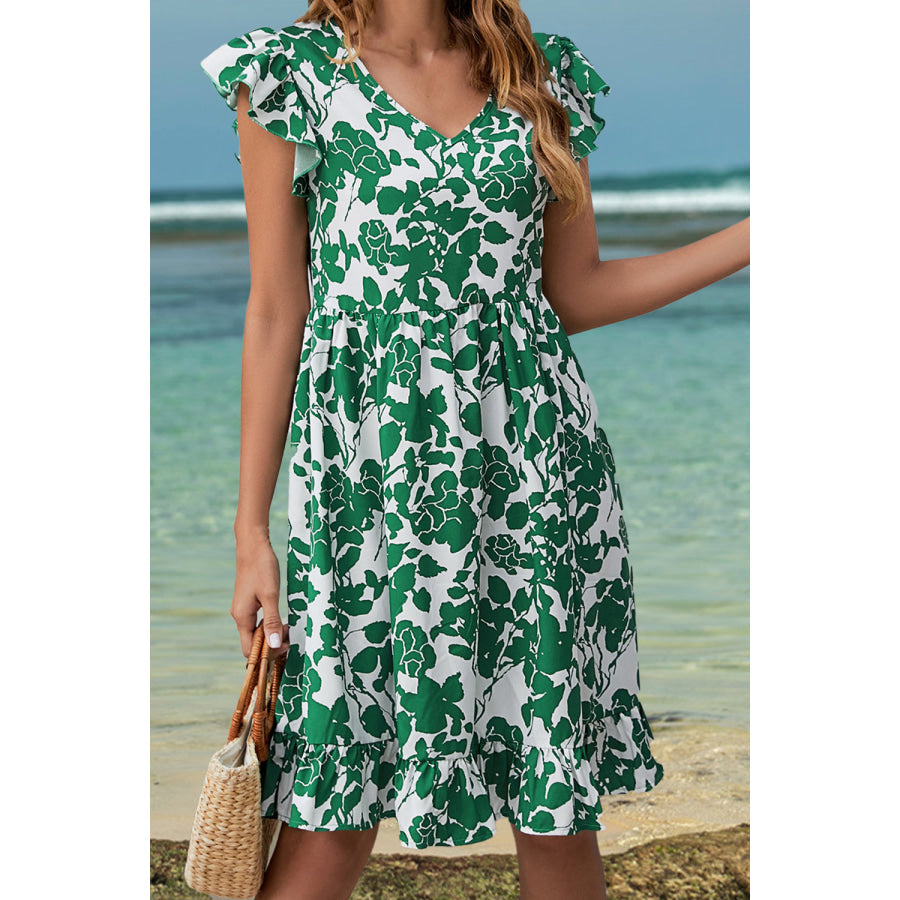 Ruffled Printed V - Neck Cap Sleeve Dress Apparel and Accessories