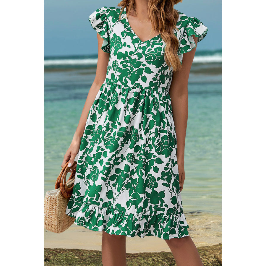 Ruffled Printed V - Neck Cap Sleeve Dress Green / S Apparel and Accessories